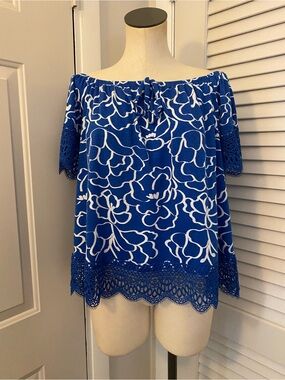 Cato Blue and White Off-Shoulder Floral Lace-Hem Top- Size Medium